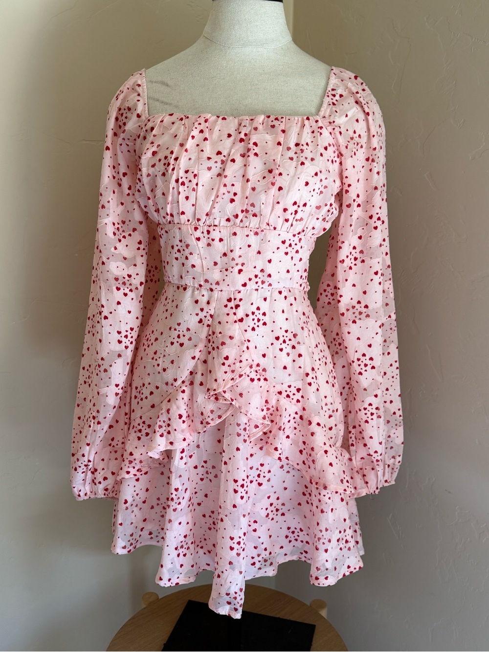 XS - Blue Rain Pink Mini Dress with Red Heart Print